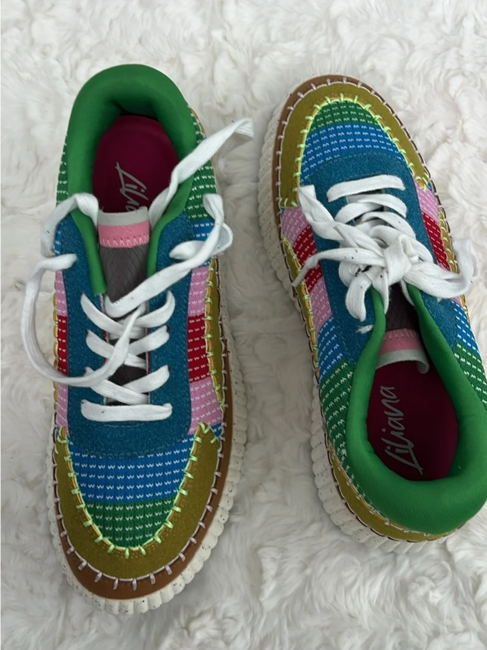 Liliana Rainbow Patchwork Platform Sneakers - Blue Green Pink - Picture 6 of 7